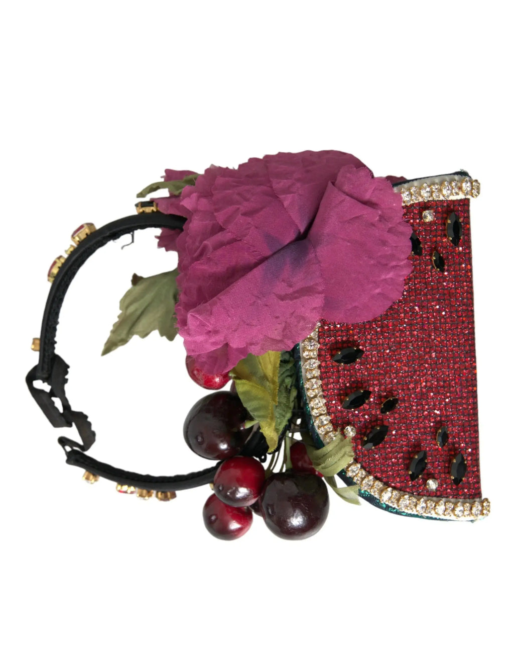 Diadème statement dolce & gabbana rouge avec cristaux motifs pastèque fleur magenta et cerises brillantes