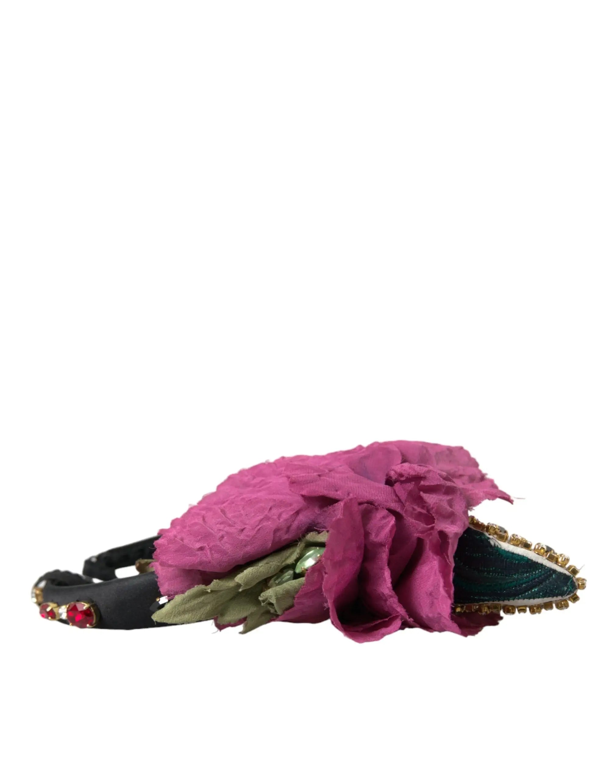 Dolce & gabbana diadème floral fuchsia orné de feuilles vertes et strass rouges avec bande élastique noire