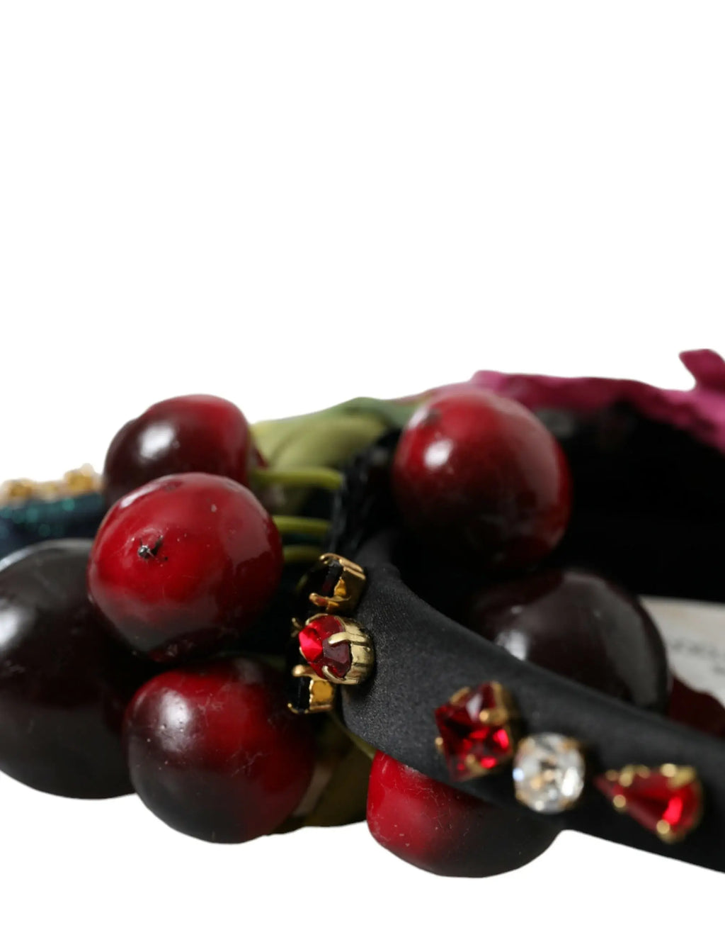 Dolce & Gabbana serre-tête noir orné de cerises rouges et violettes en résine avec strass scintillants en métal doré