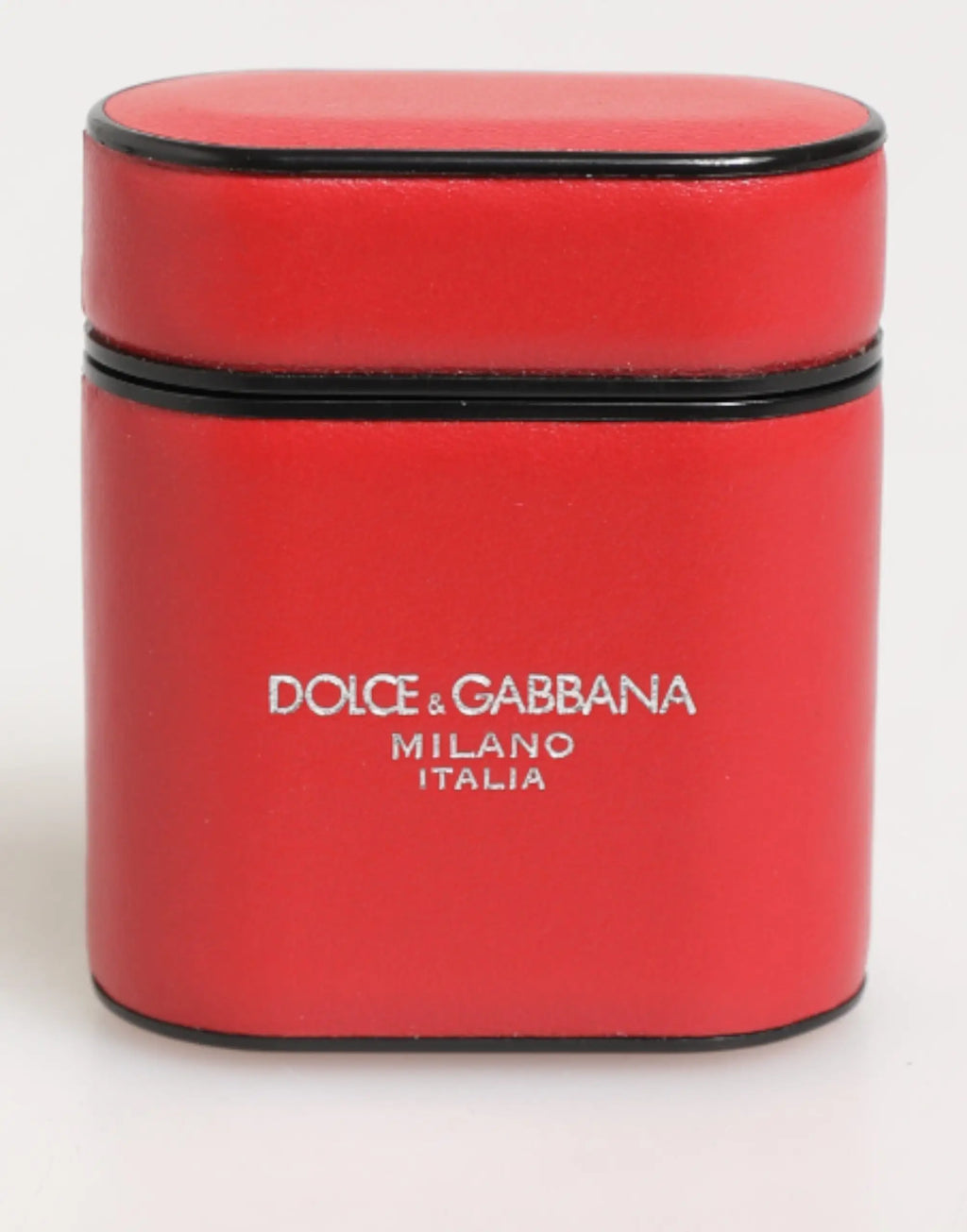 Étui vibrant en cuir rouge dolce & gabbana avec bordure noire et logo argenté pour airpods flip holder