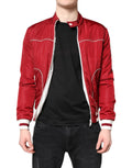 Dolce & Gabbana bomber pour homme en nylon rouge avec coutures blanches et poignets rayés en tricot