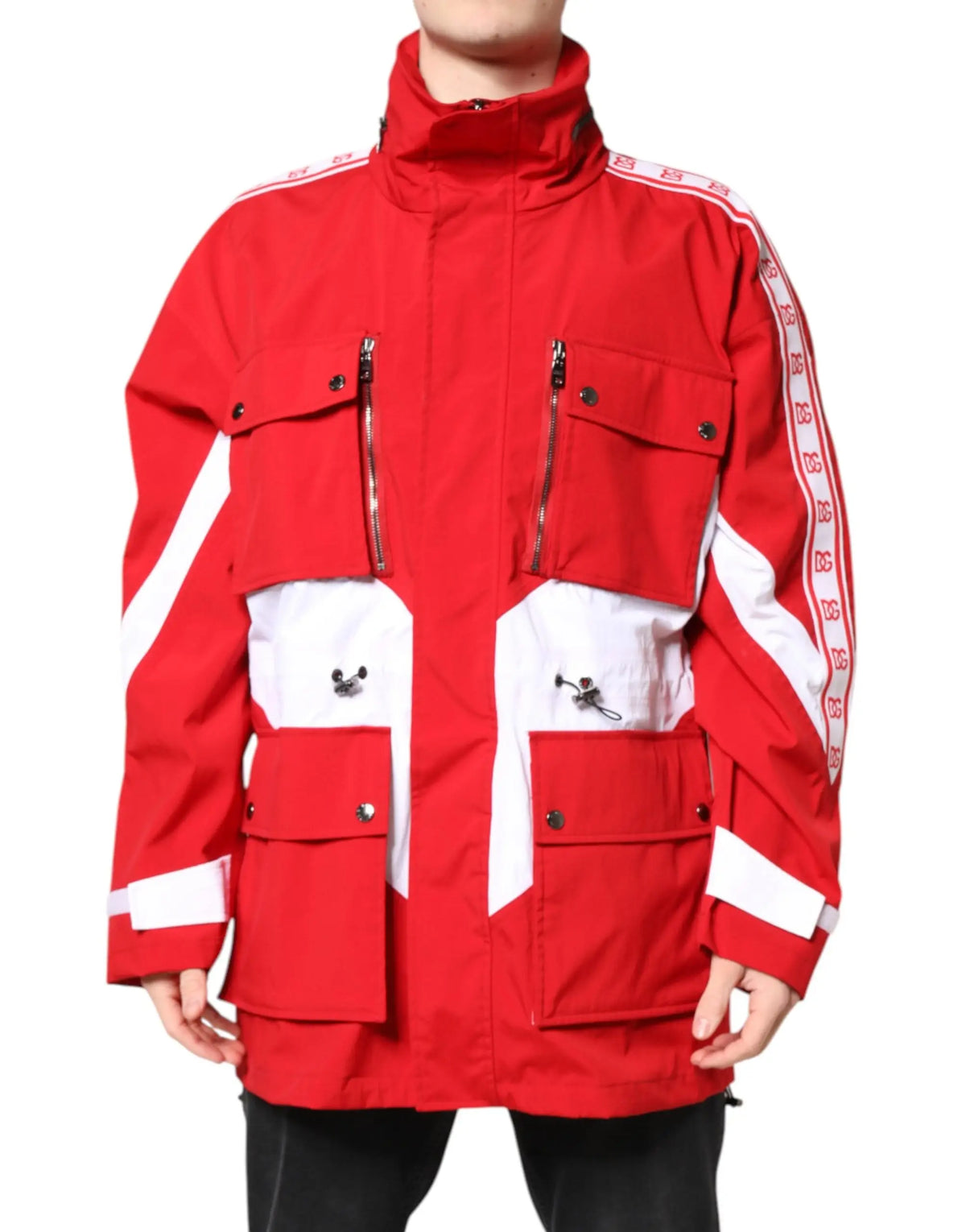 Veste coupe-vent dolce & gabbana rouge et blanche en nylon avec fermeture éclair complète et panneaux dsquared2