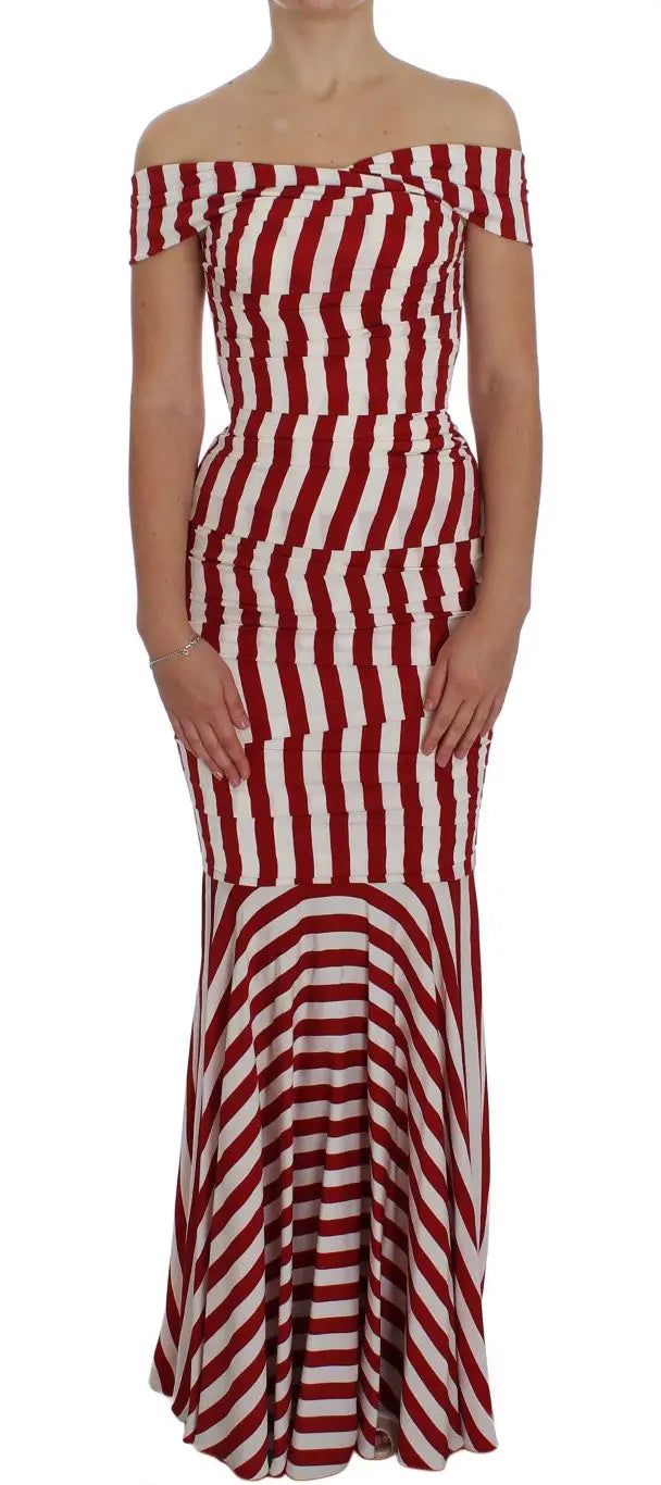 Robe sirène en soie rouge et blanche à rayures dolce gabbana col bardot stretch