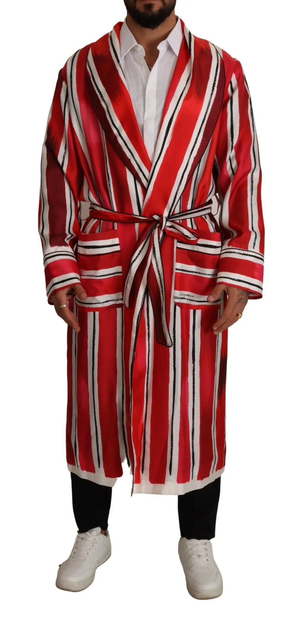 Robe de nuit homme dolce & gabbana en satin rayé rouge et blanc avec bordure noire