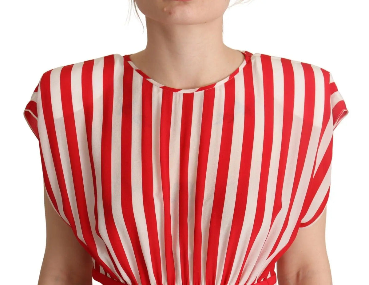 Blouse dolce & gabbana rayée rouge et blanche en soie avec col rond et manches courtes bouffantes