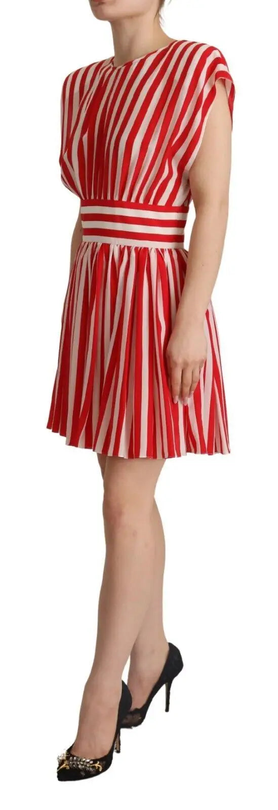 Robe mini trapèze en soie rouge et blanche à rayures verticales avec taille cintrée de dolce & gabbana