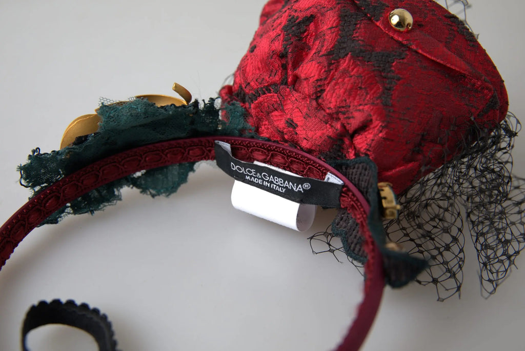Dolce & gabbana diadème rouge en dentelle avec filet noir cristal soie multicolore et détail doré