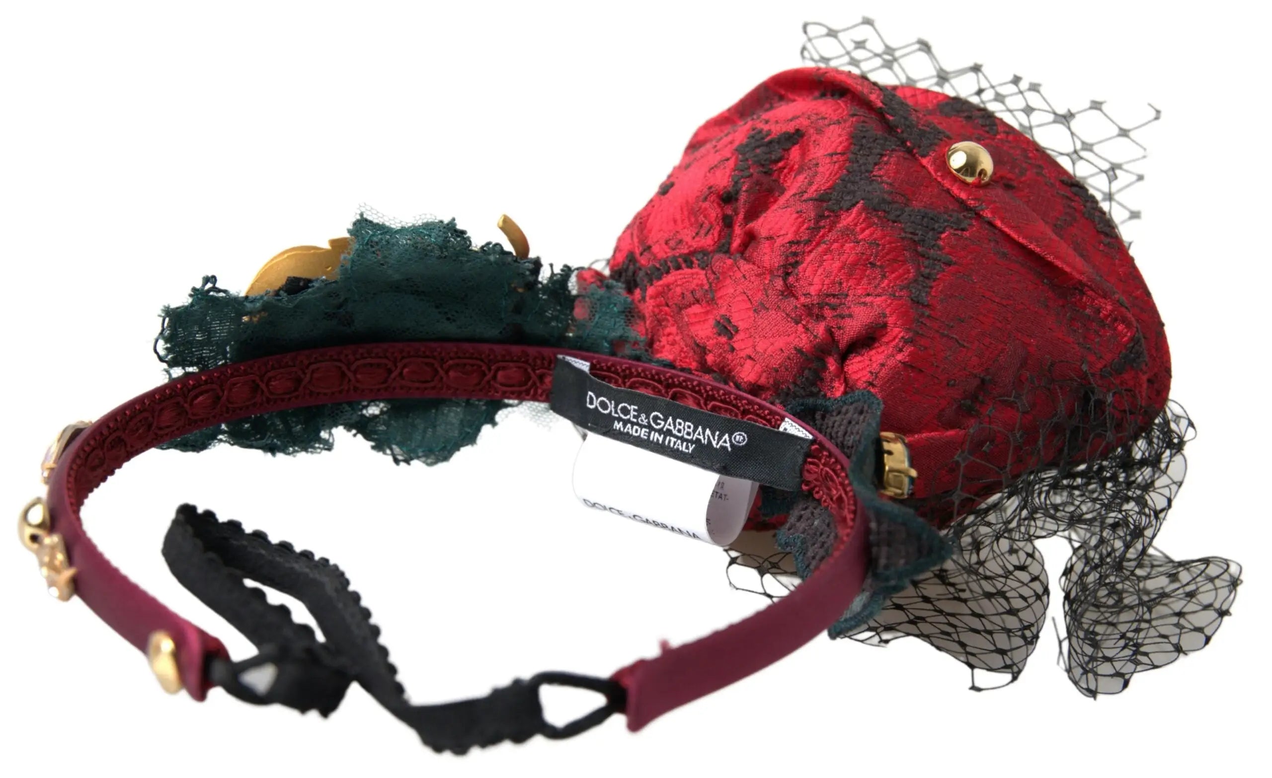 Diadème dolce & gabbana en dentelle rouge avec résille noire orné de cristaux en soie multicolore et logo