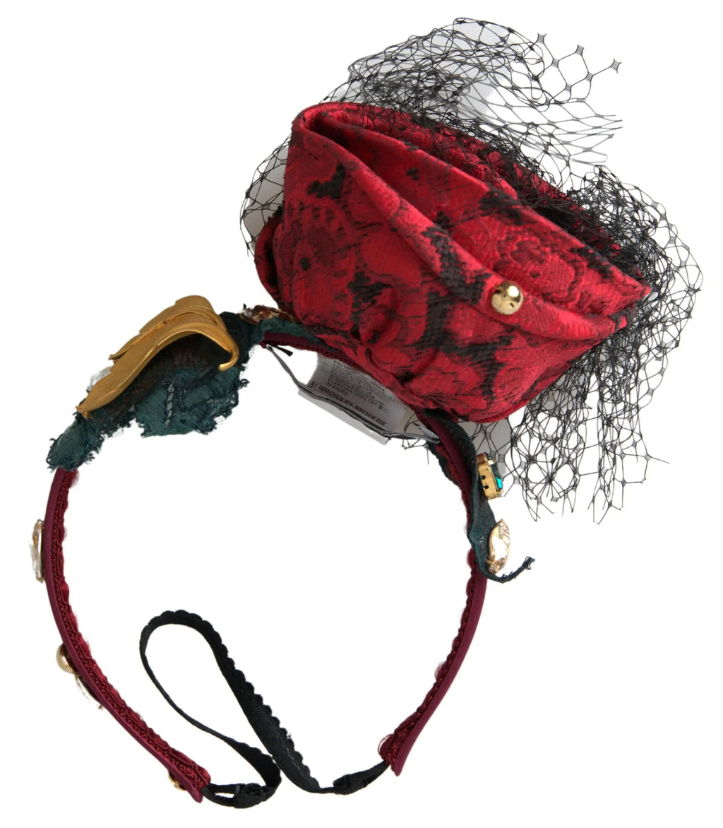 Dolce & gabbana serre-tête rouge en dentelle de fleurs avec filet noir et embellissements dorés en soie et cristal