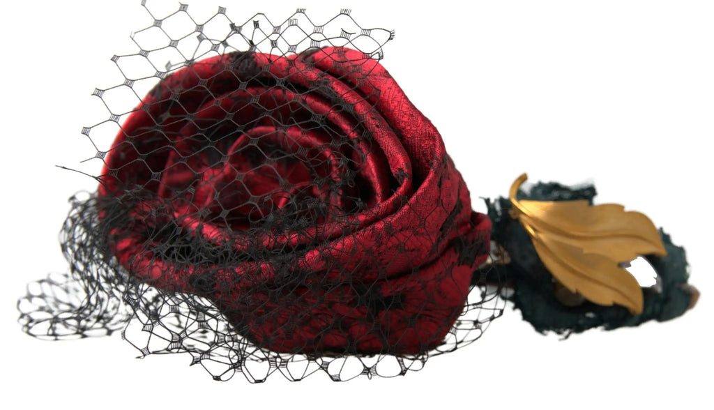Diadème dolce & gabbana rouge avec rose en satin, filet en cristal et feuille dorée en dentelle noire