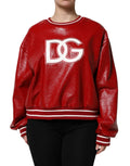 Dolce gabbana sweat rouge en simili cuir avec logo dg blanc et poignets rayés en laine
