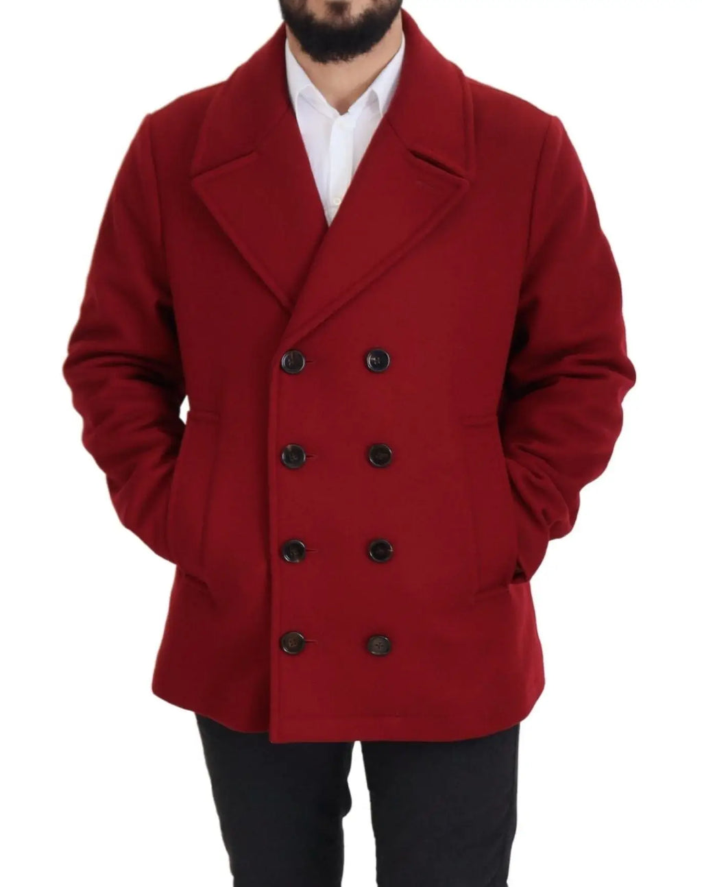 Manteau rouge en laine à double boutonnage avec boutons noirs et col à revers dolce gabbana