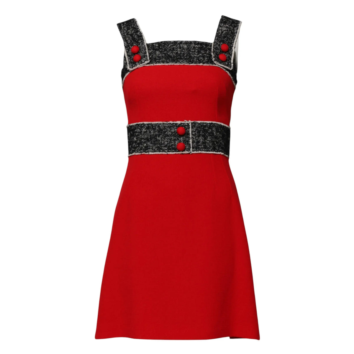 Robe rouge sans manches dolce & gabbana en laine avec bretelles texturées noires et ceinture ornée de boutons rouges
