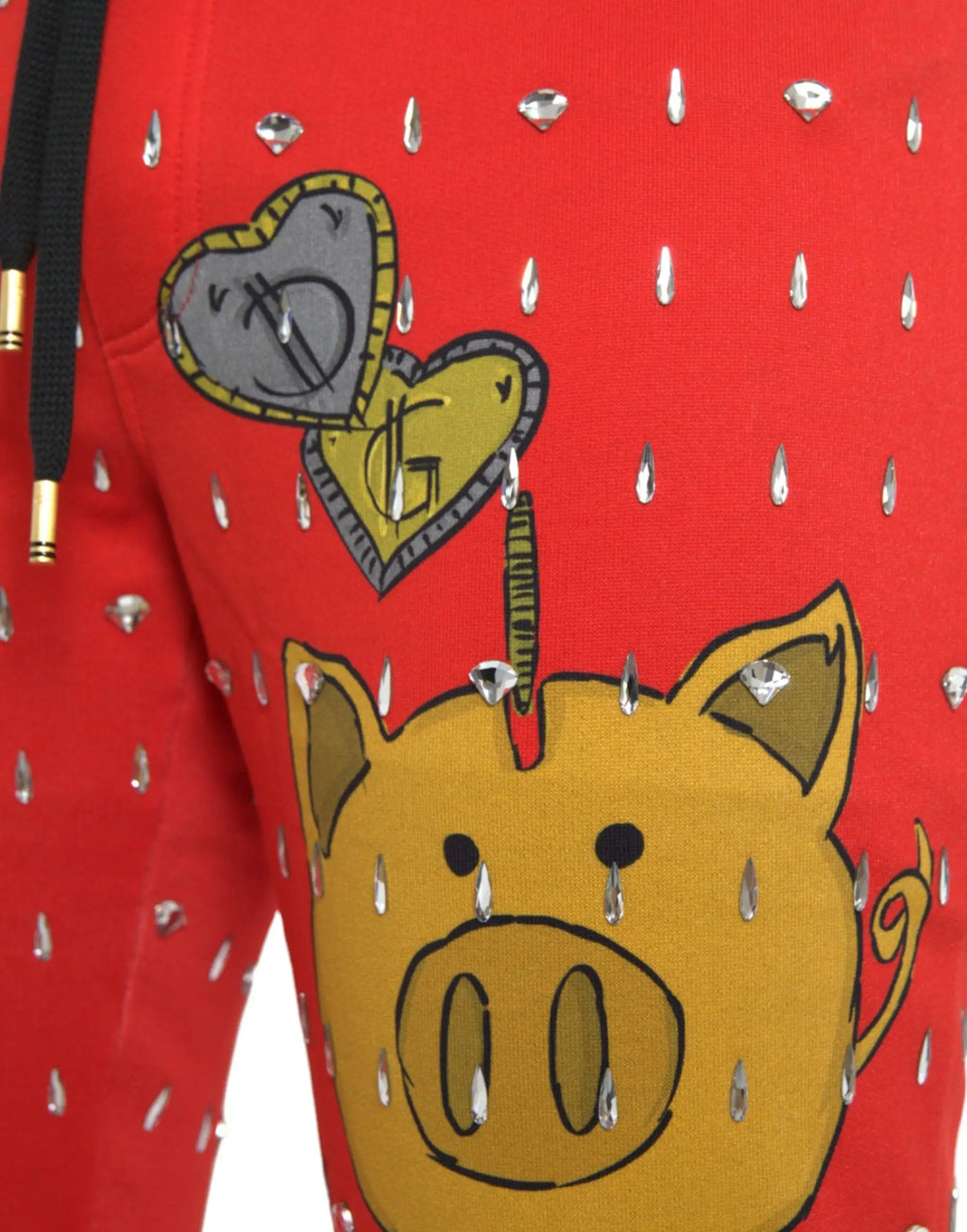 Dolce & gabbana pantalon de jogging rouge année du cochon avec motif cochon cartoon et patchs cœurs gris et jaune