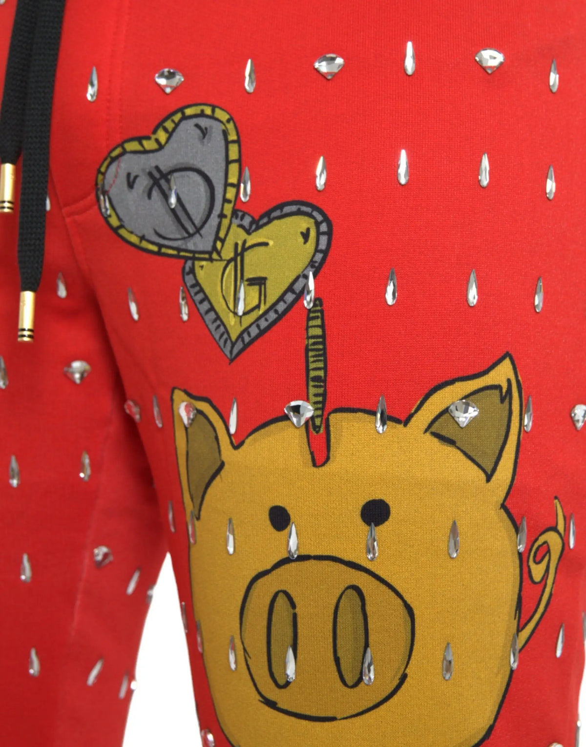 Dolce & gabbana pantalon de jogging rouge année du cochon avec motif cochon cartoon et patchs cœurs gris et jaune