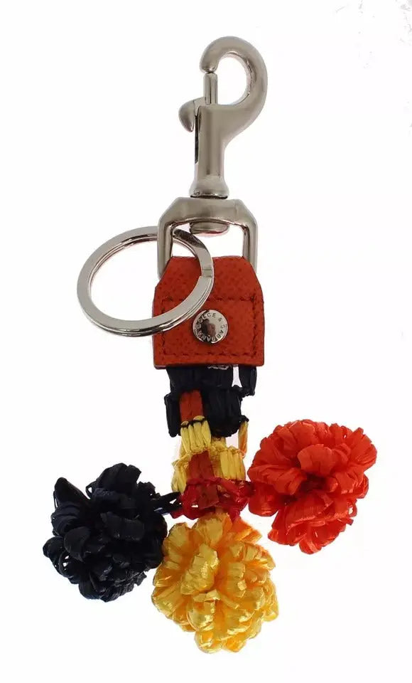 Dolce & gabbana porte-clés en cuir rouge avec fleurs pompon colorées et fermoir métallique argenté