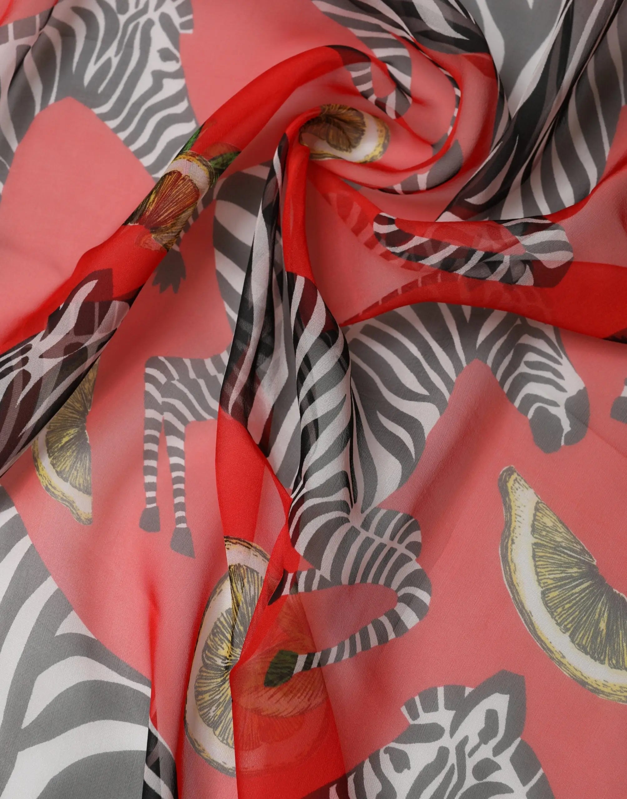 Étole en soie dolce & gabbana rouge avec motif zèbre noir et blanc et tranches de citron jaune, 200cm x 132cm