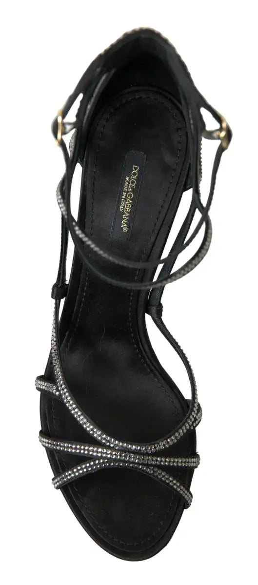 Sandalette à talon aiguille dolce & gabbana en satin noir avec brides et détails en strass argentés