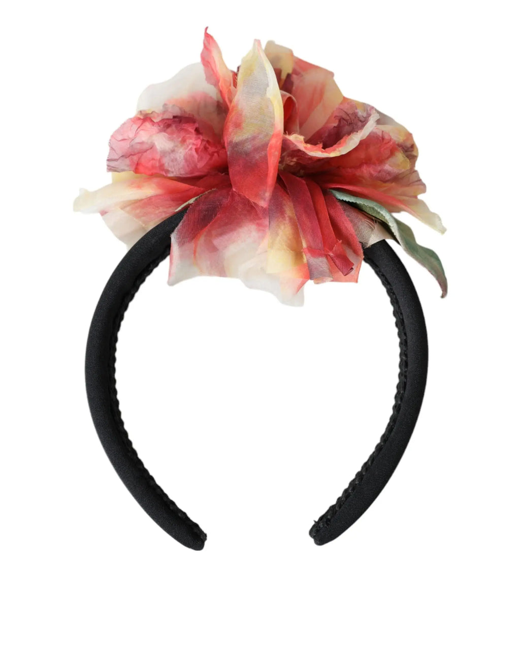Dolce & gabbana rose pink silk floral black tiara hairband with sheer pink and cream fabric flower embellishment