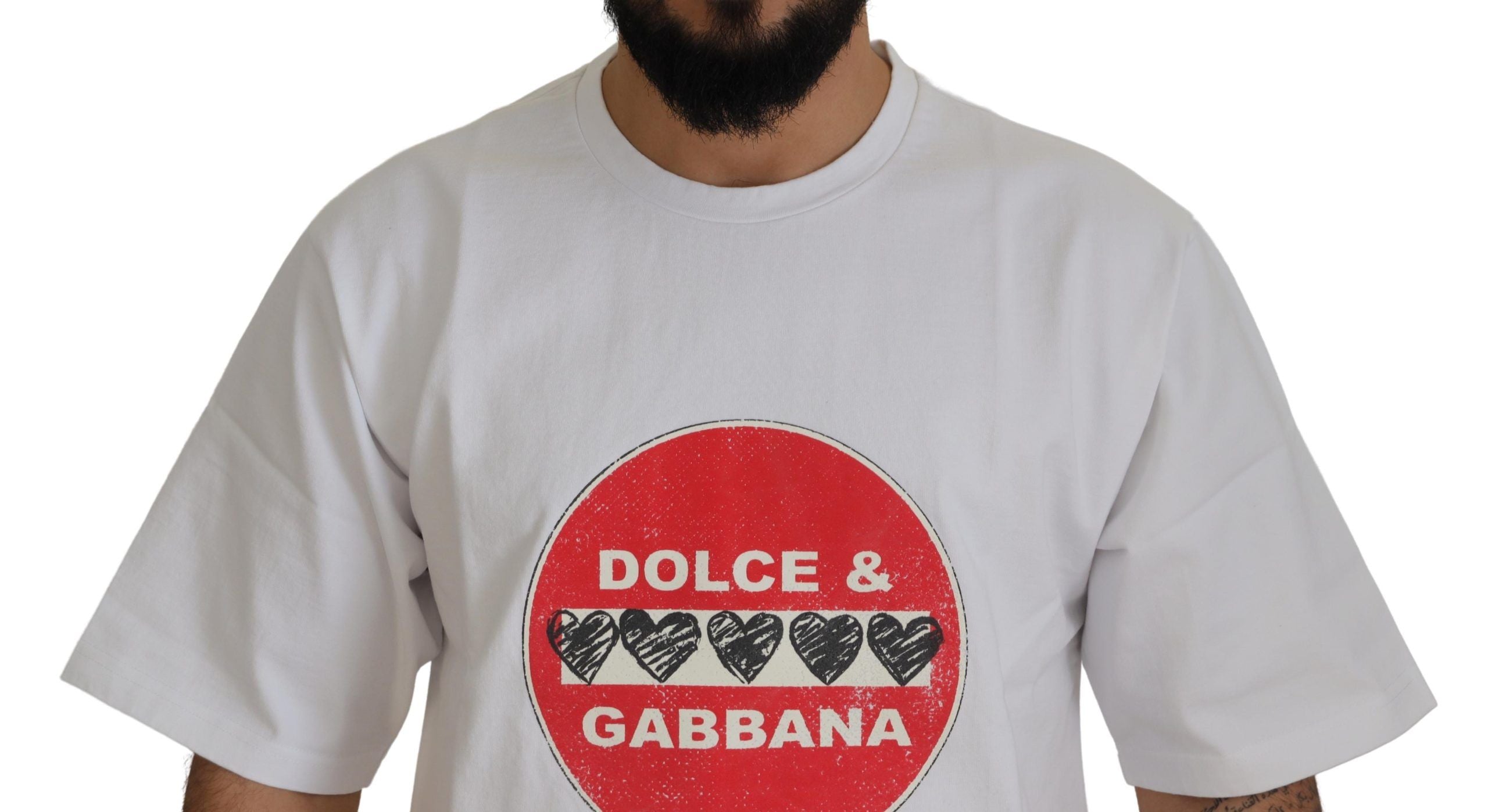 T-shirt blanc en coton Dolce & Gabbana avec un cœur Amor imprimé, col rond, style casual et tendance.