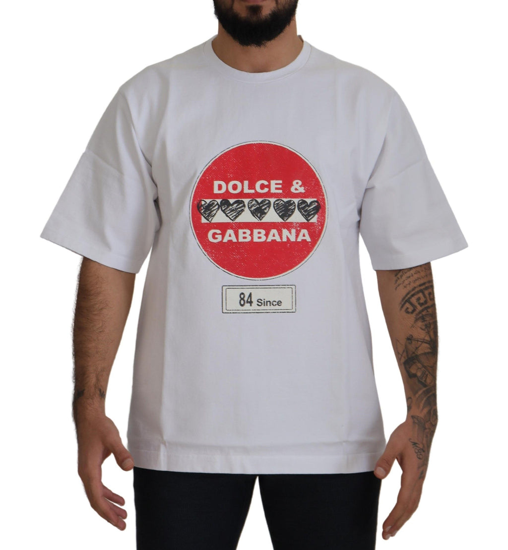 T-shirt en coton blanc Dolce & Gabbana Amor Heart avec col rond, motif cœur sur le devant, vue de face.