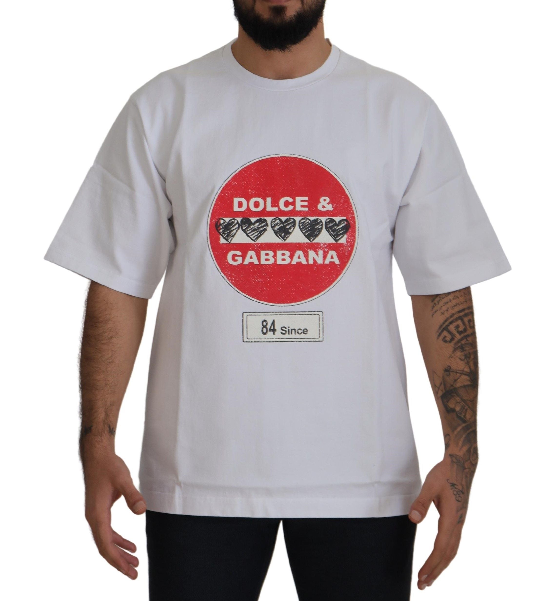 T-shirt en coton blanc Dolce & Gabbana Amor Heart avec col rond, motif cœur sur le devant, vue de face.