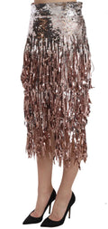 Jupe crayon midi dolce & gabbana en sequins rose gold avec détails de franges cascades scintillantes