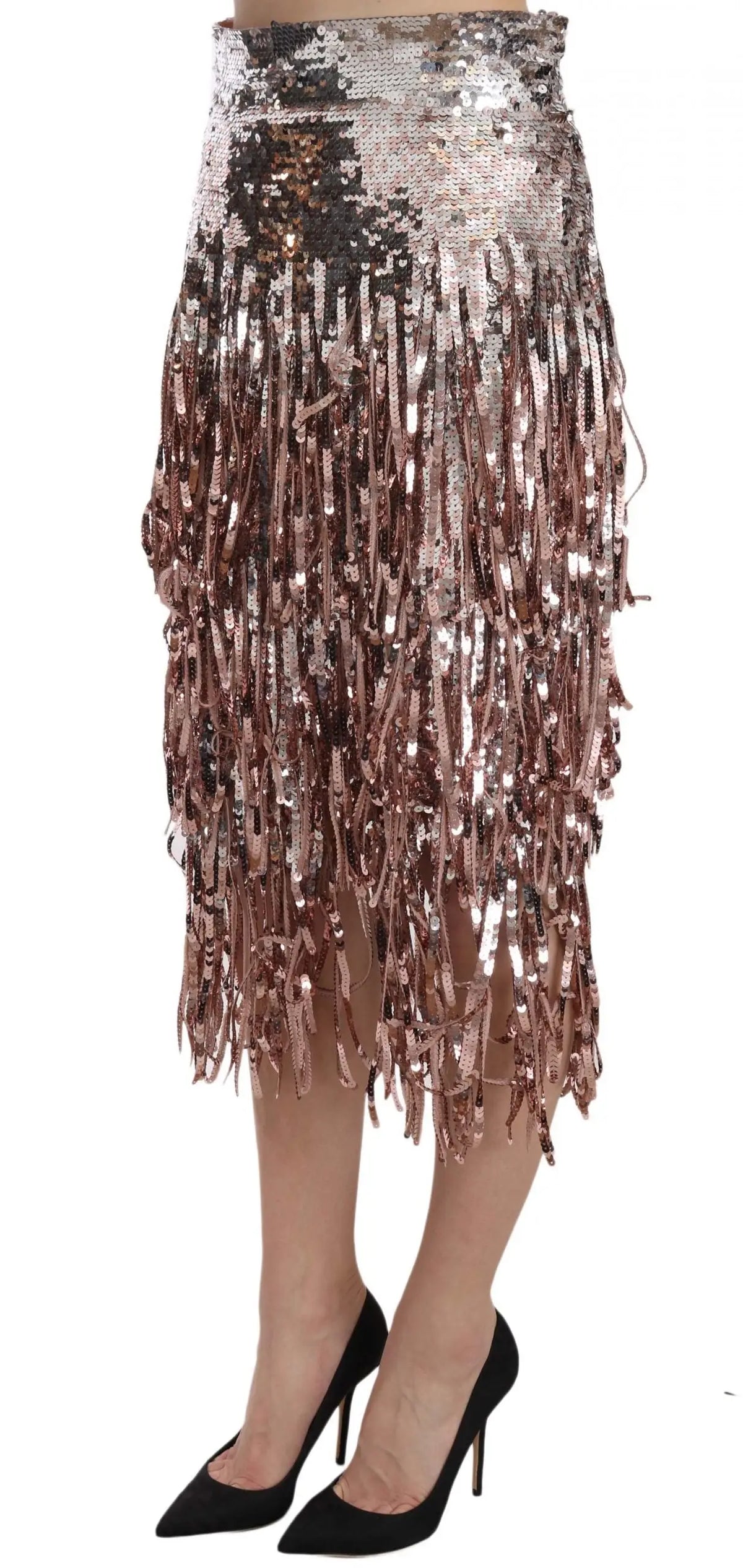 Jupe crayon midi dolce & gabbana en sequins rose gold avec détails de franges cascades scintillantes