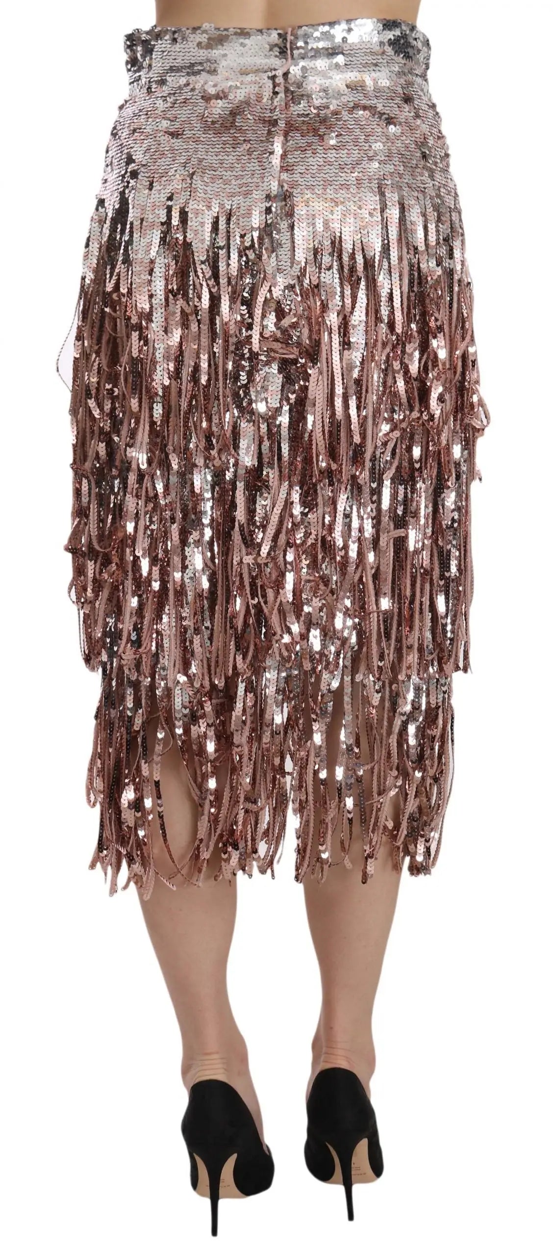 Jupe midi crayon dolce & gabbana en sequins rose gold avec franges tombantes pour un look scintillant