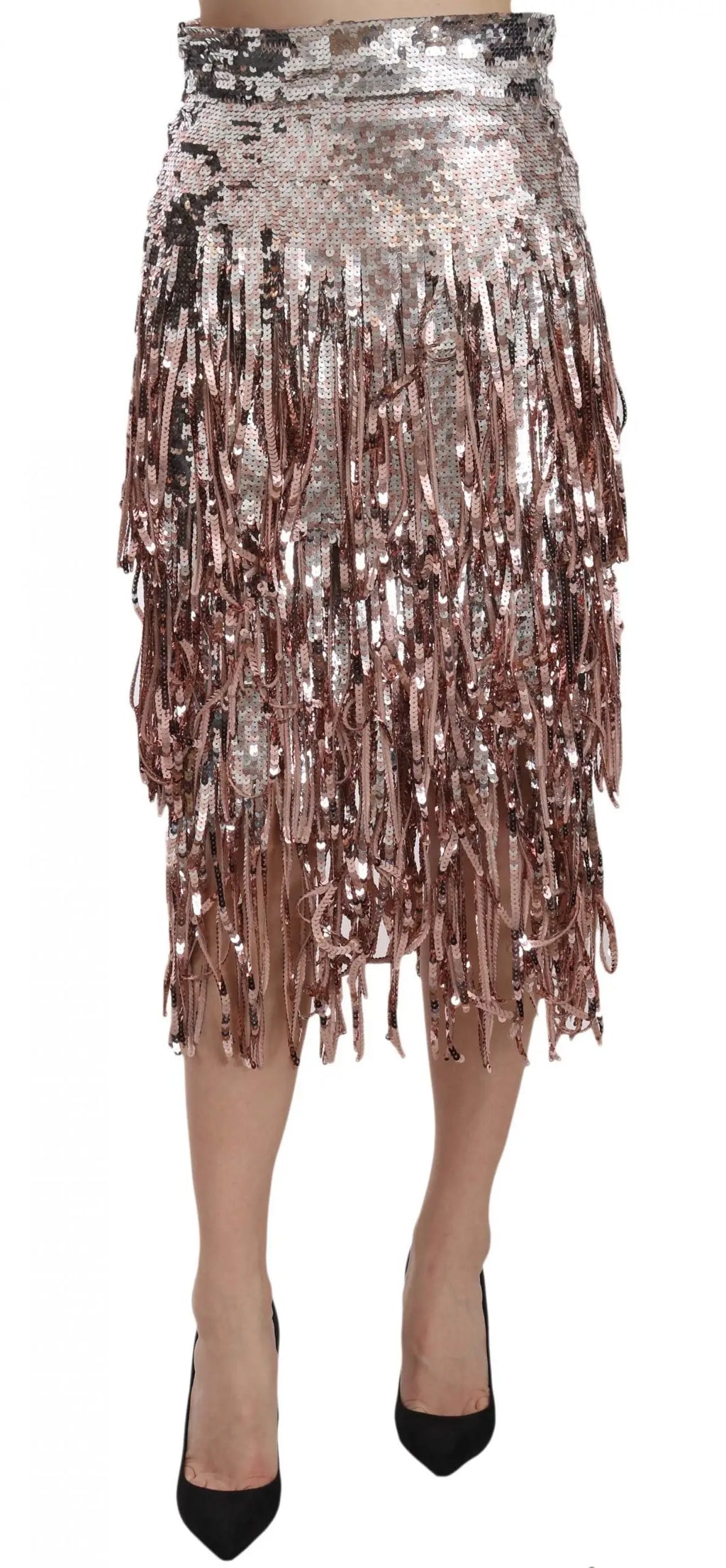 Jupe crayon midi dolce & gabbana en sequins rose gold et argent avec franges cascades scintillantes