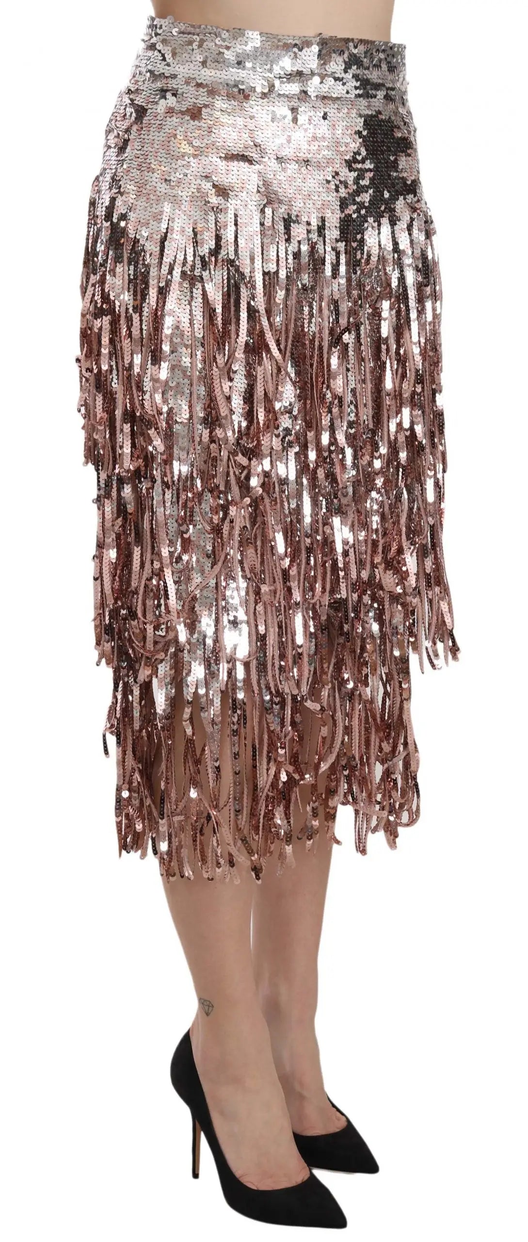 Jupe crayon midi dolce & gabbana en sequins rose gold avec détails en franges cascadeuses scintillantes