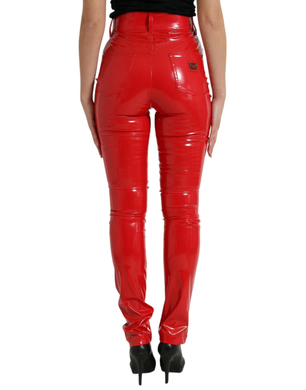 Pantalon skinny rouge brillant dolce & gabbana en cuir verni à taille haute et finition lisse et brillante