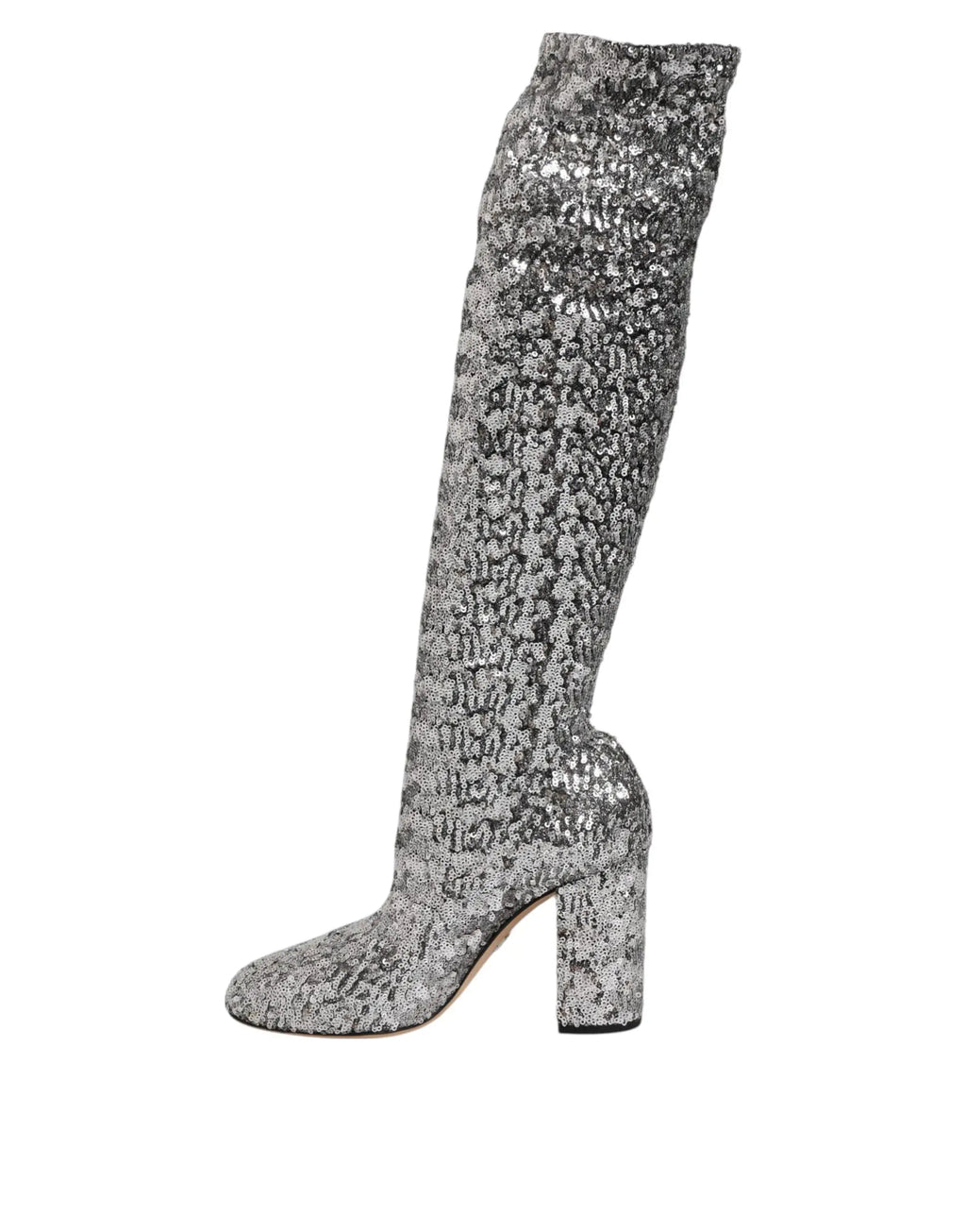 Bottes argentées pailletées dolce gabbana en sequins avec talon chunky et hauteur cuisse