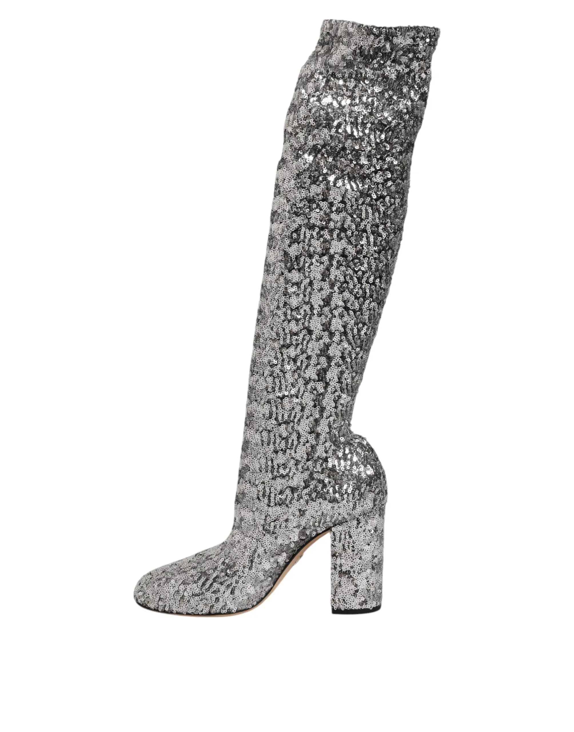 Bottes argentées pailletées dolce gabbana en sequins avec talon chunky et hauteur cuisse