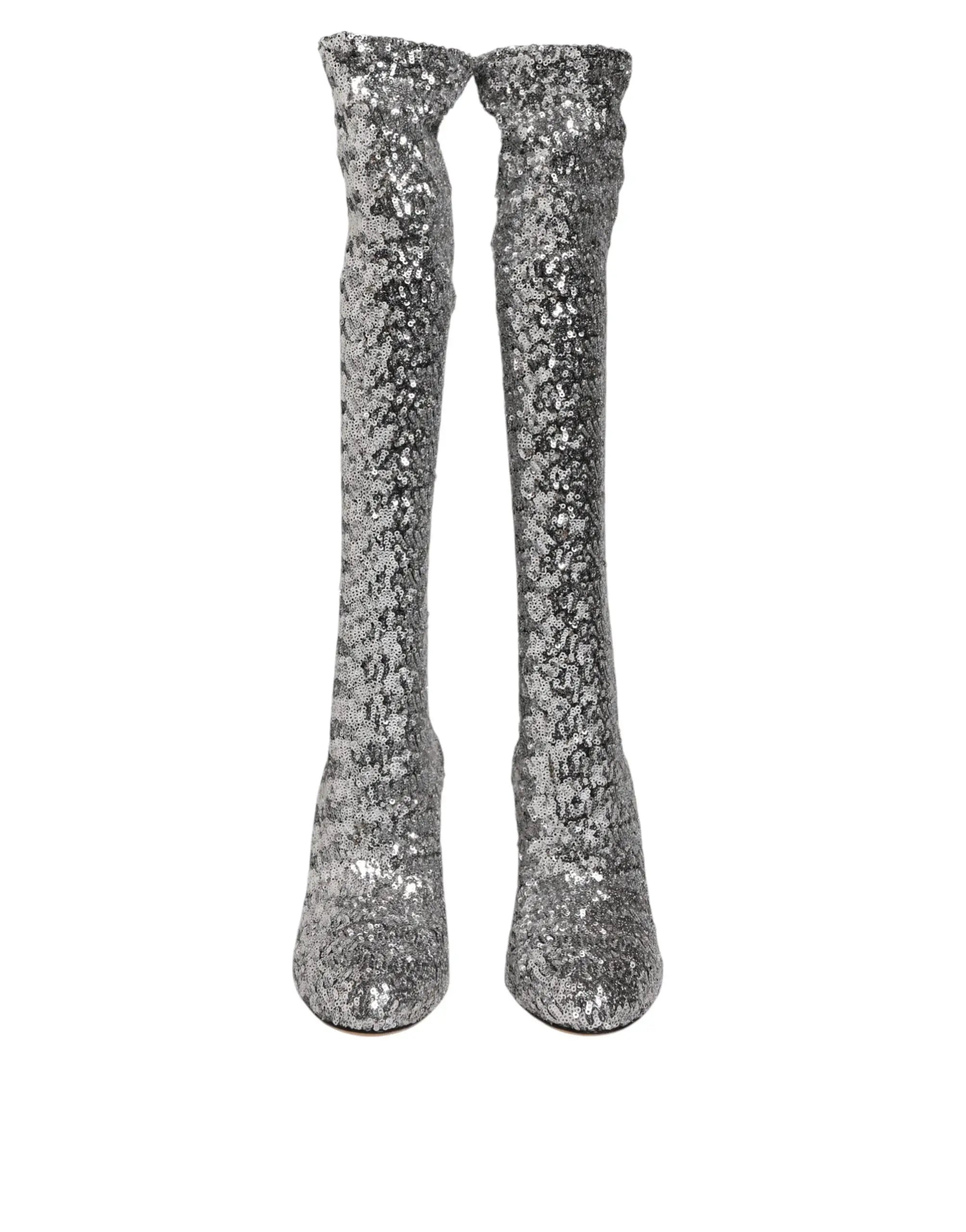 Bottes mi-hautes dolce & gabbana en sequins argentés à talon haut au design ajusté et élégant