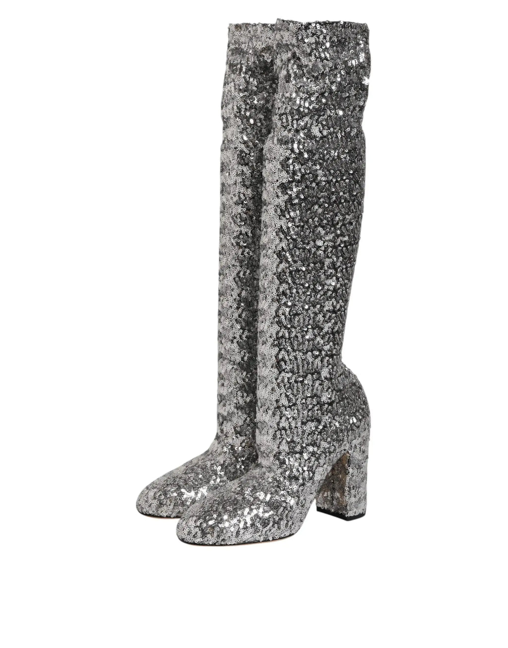 Dolce & gabbana chaussures bottes hautes argentées à paillettes avec talon épais et hauteur au-dessus du genou