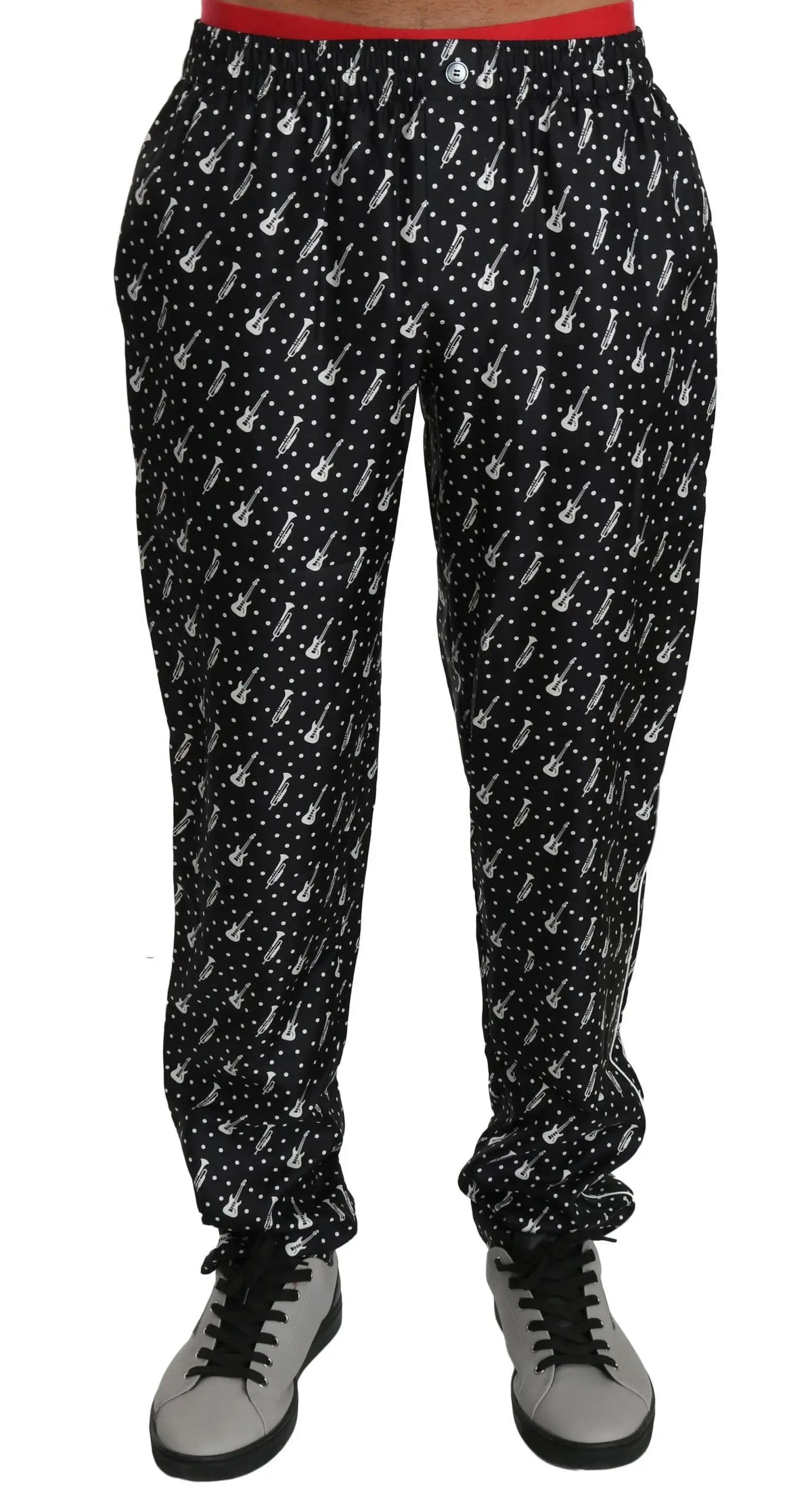 Pantalon Dolce & Gabbana en soie noir avec motif répété de guitares électriques blanches et points