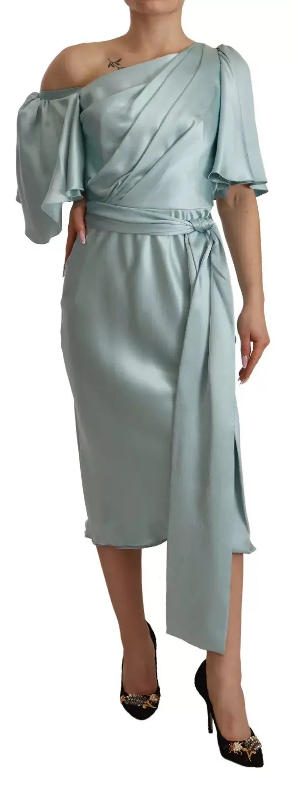 Robe midi bleu clair en satin avec manches volantées épaules dénudées et taille drapée dolce & gabbana