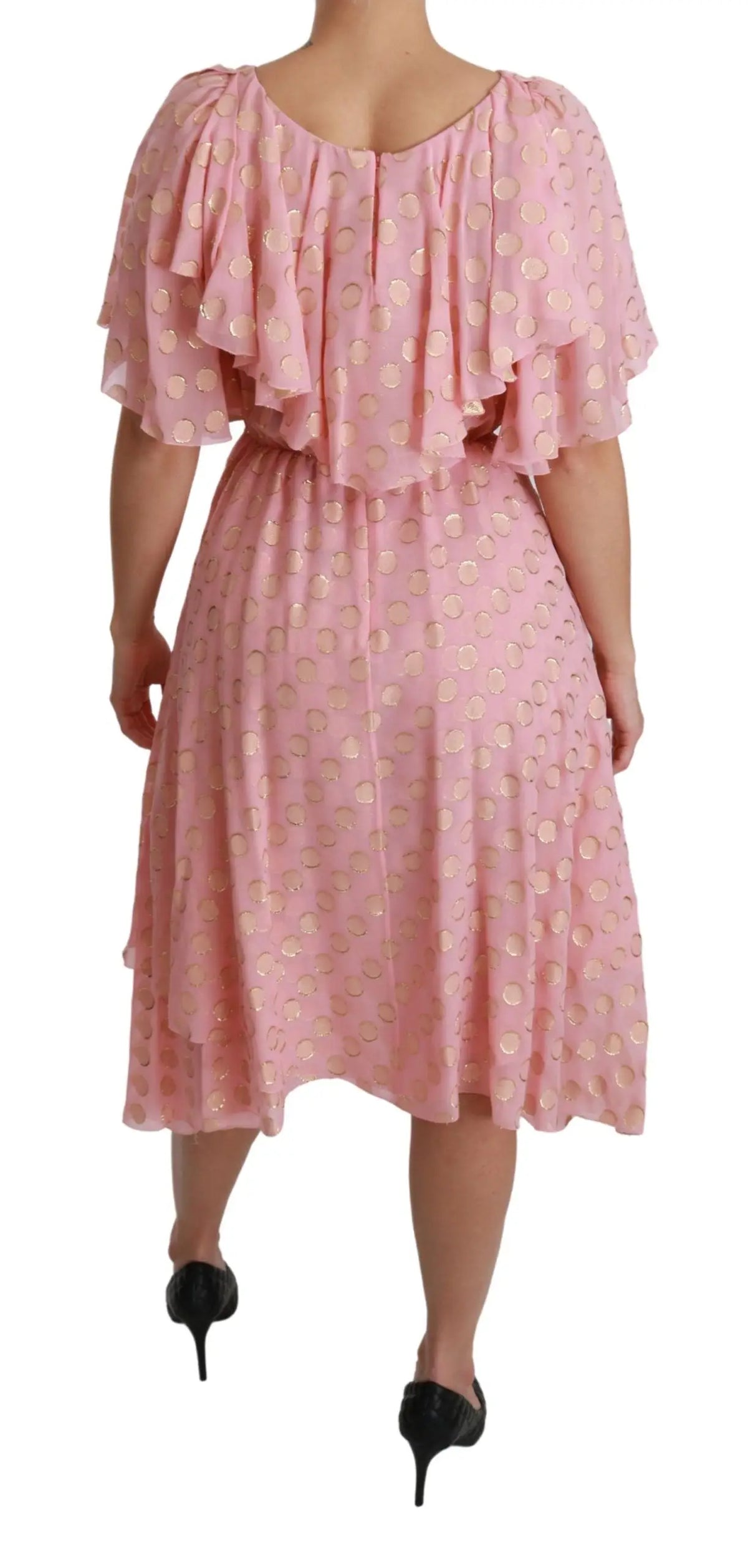 Robe midi en soie dolce gabbana rose à pois avec manches courtes à volants et jupe plissée ajourée