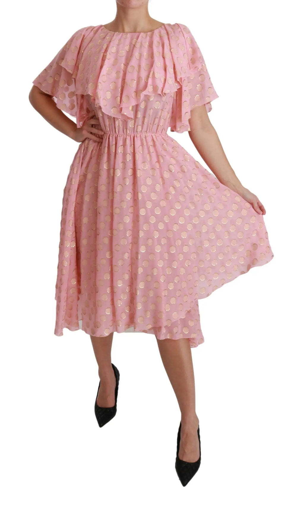 Robe midi en soie dolce & gabbana rose à pois avec manches courtes à volants et taille froncée