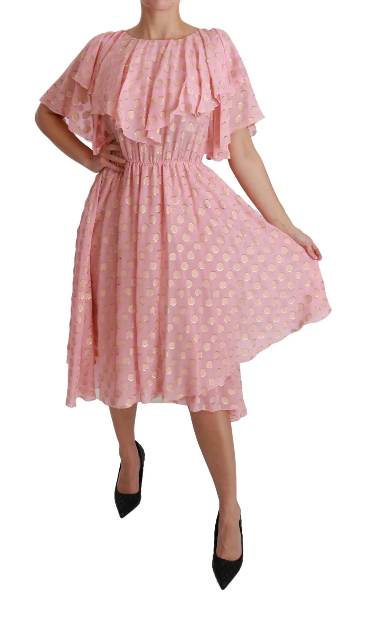 Robe midi en soie dolce & gabbana rose à pois avec manches courtes à volants et taille froncée