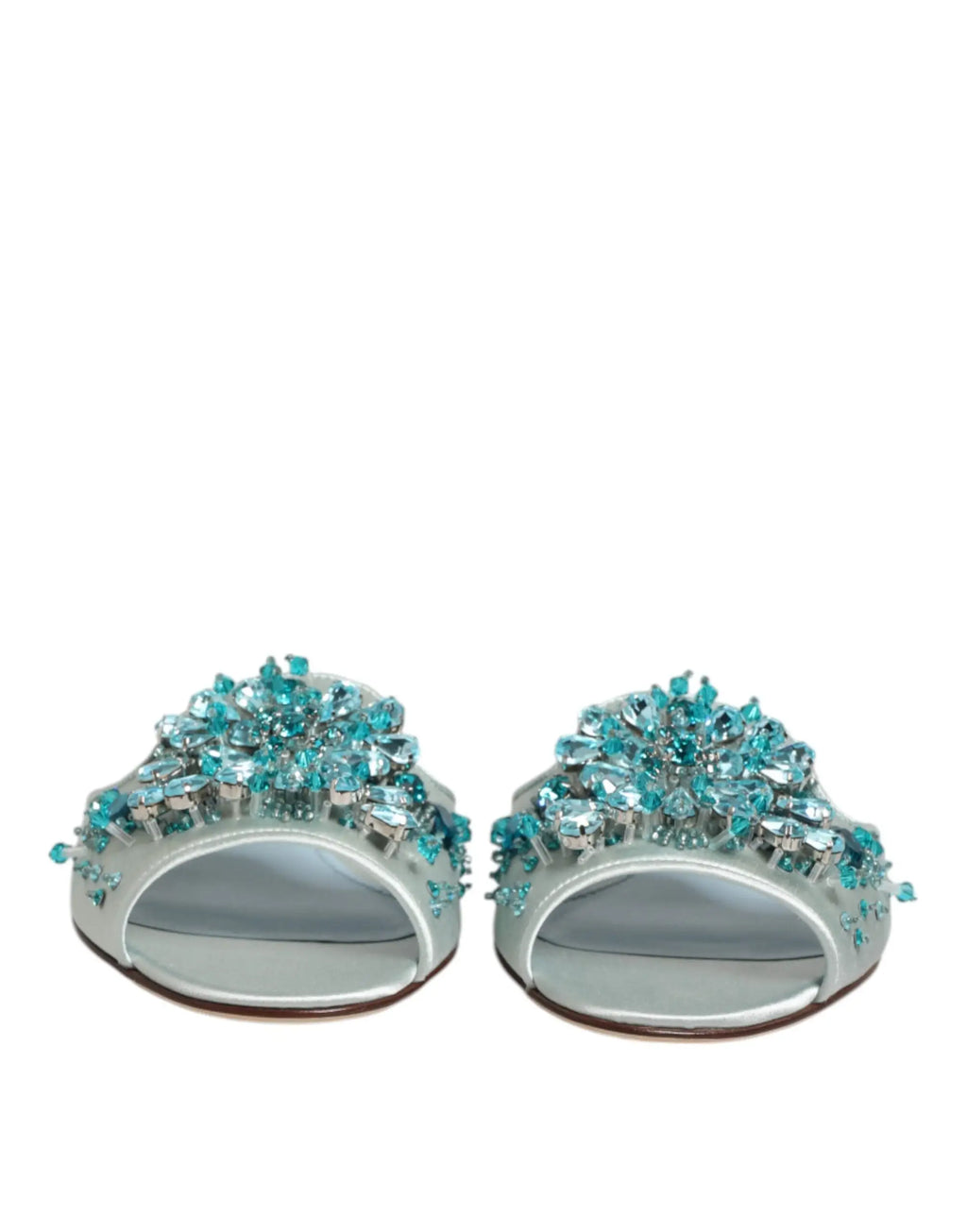 Sandales ouvertes argentées dolce & gabbana ornées de cristaux turquoise et clairs en cuir bleu