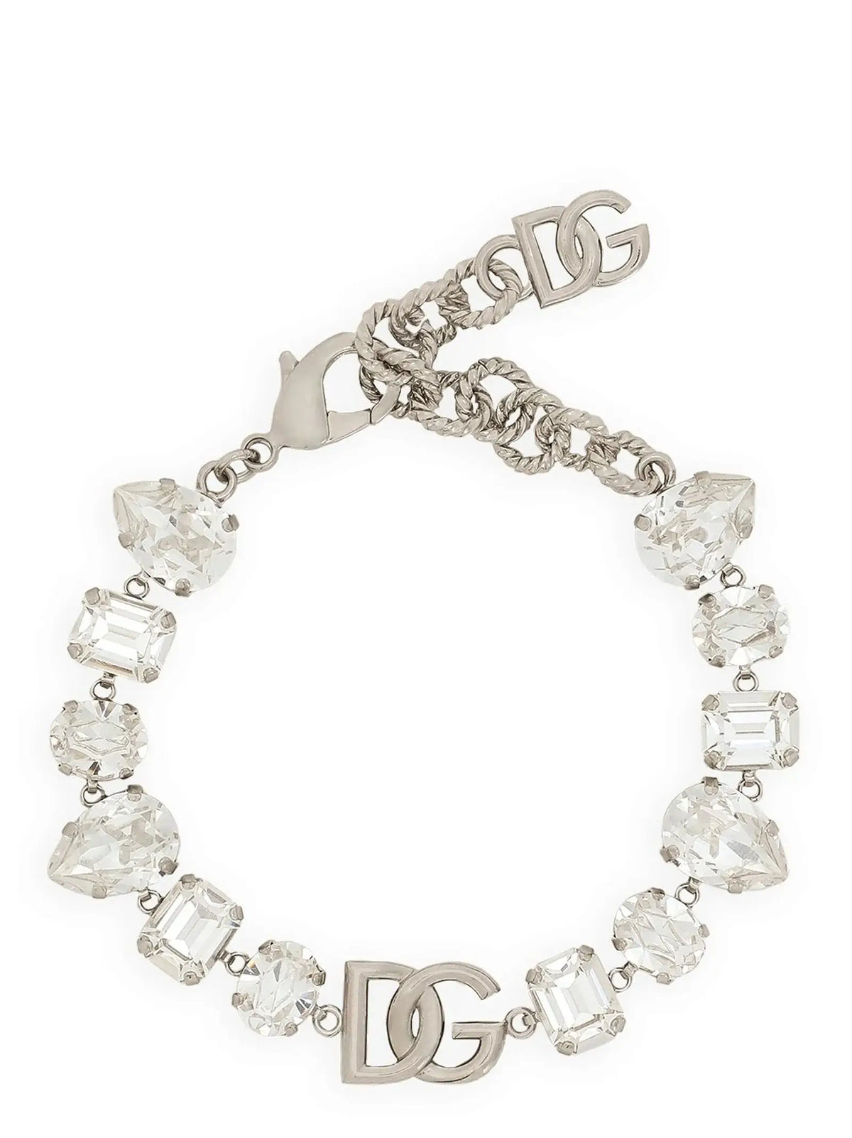 Bracelet dolce gabbana en laiton argenté avec pierres en cristal facetté clair et charms logo dg entrelacés