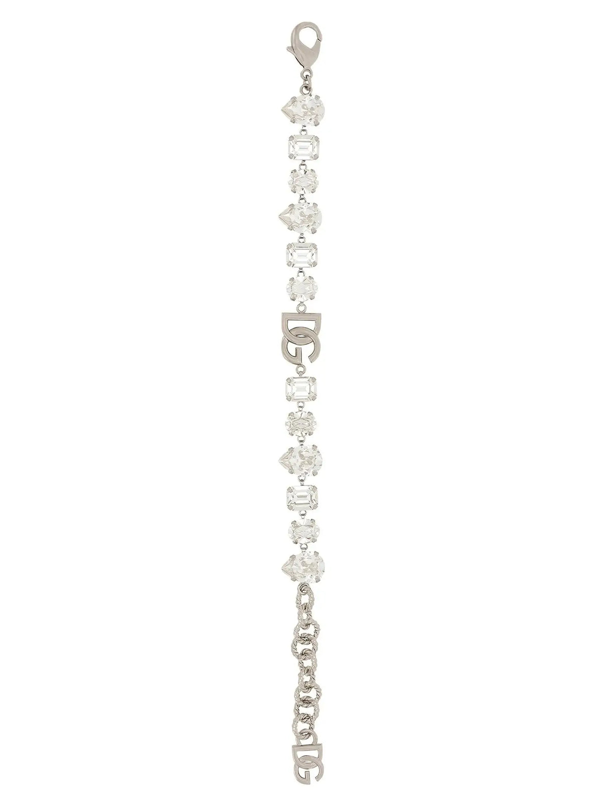 Bracelet dolce gabbana en laiton argenté avec maillons chaîne alternant cristaux clairs et charms logo entrelacés