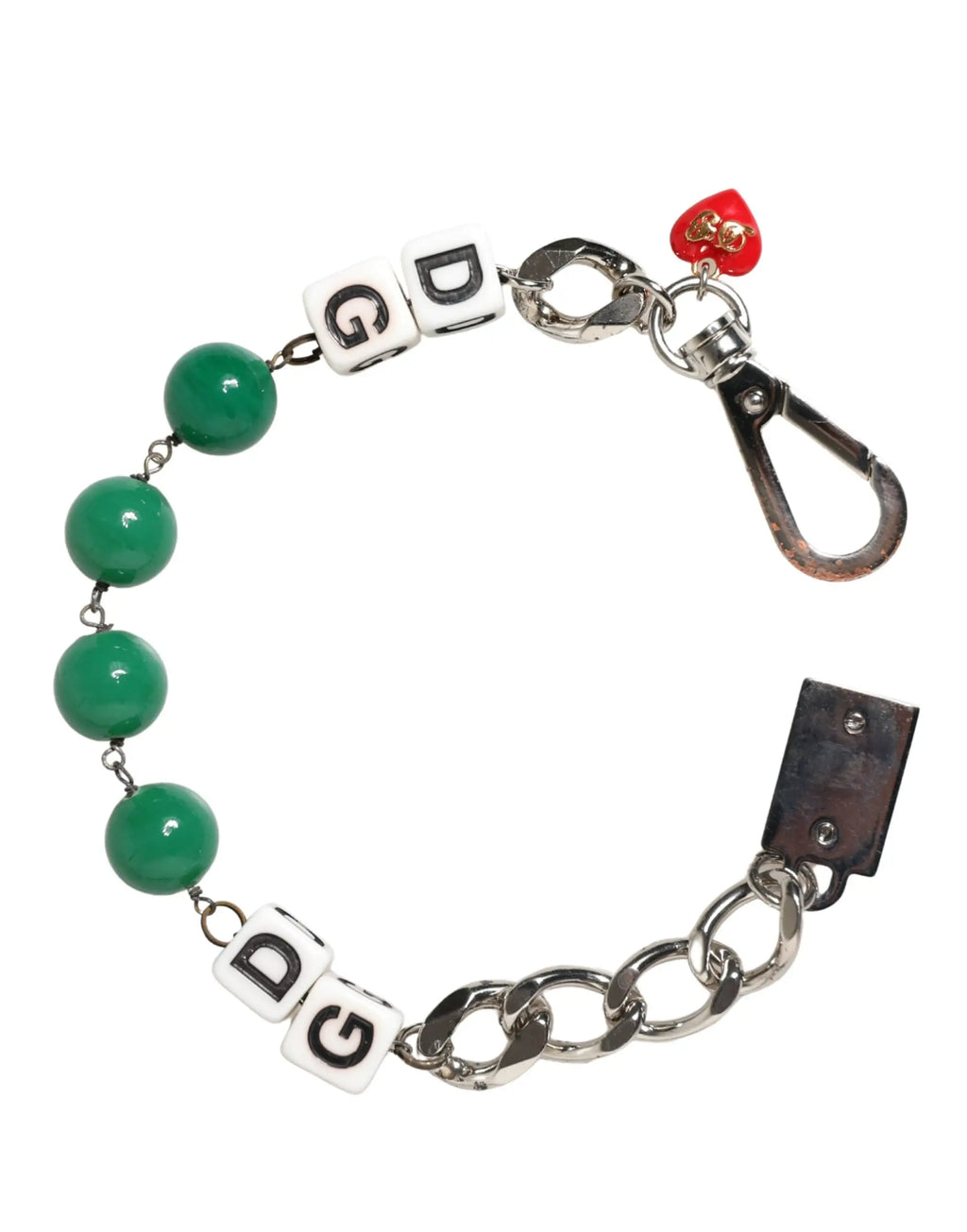 Bracelet chaîne en laiton argenté dolce gabbana avec perles vertes, lettres dg blanches, cœur rouge et fermoir métal