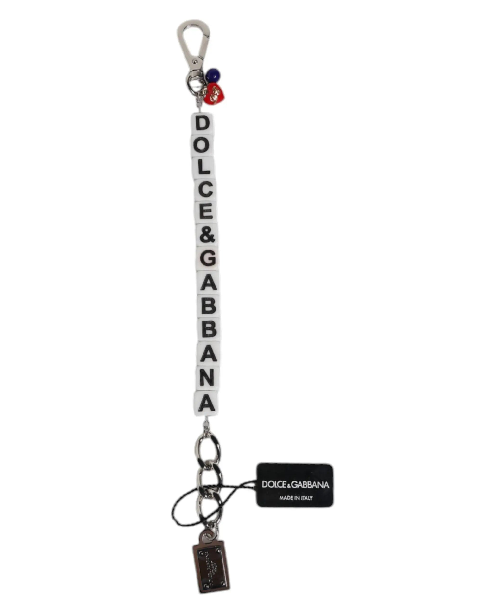 Bracelet en chaîne en laiton argenté dolce gabbana avec perles blanches et logo en lettres noires