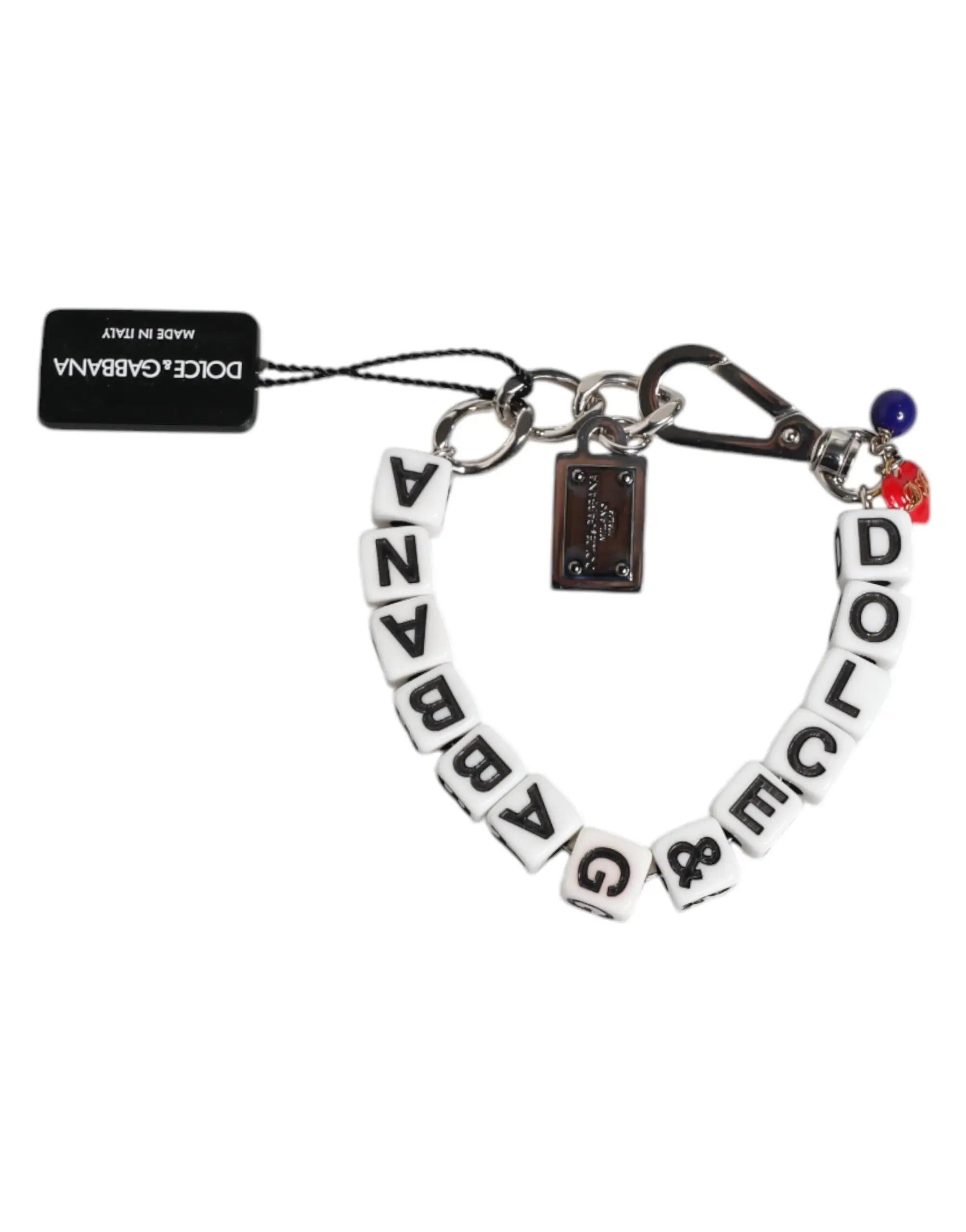 Bracelet charm dolce et gabbana en laiton argenté avec perles blanches et fermoir métallique argenté