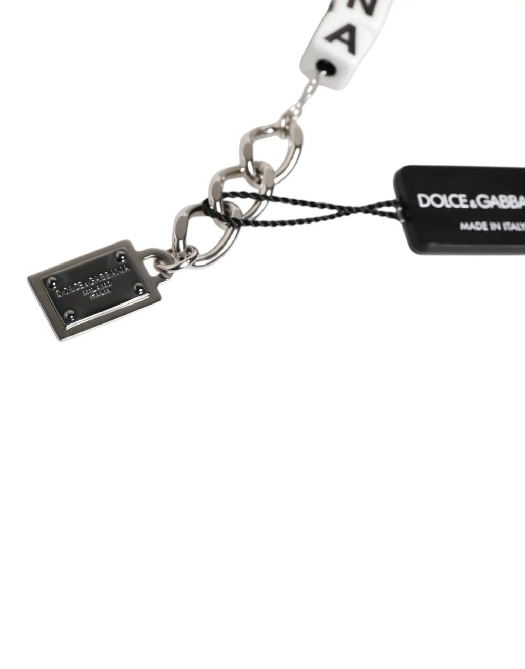 Dolce & gabbana bracelet en chaîne de laiton argenté avec breloque logo dé embellie et cordon tressé noir