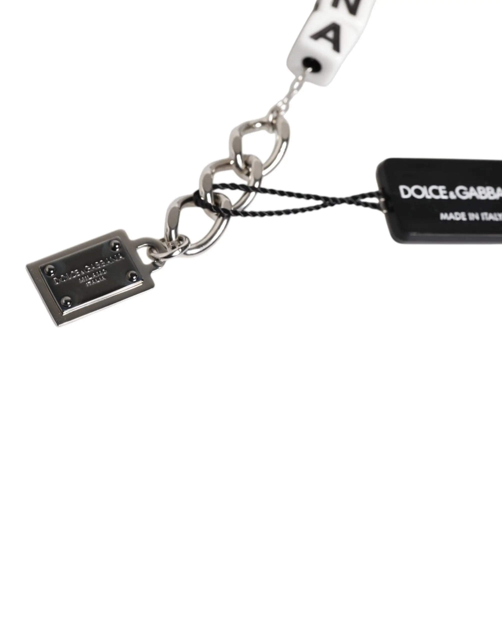 Dolce & gabbana bracelet en chaîne de laiton argenté avec breloque logo dé embellie et cordon tressé noir