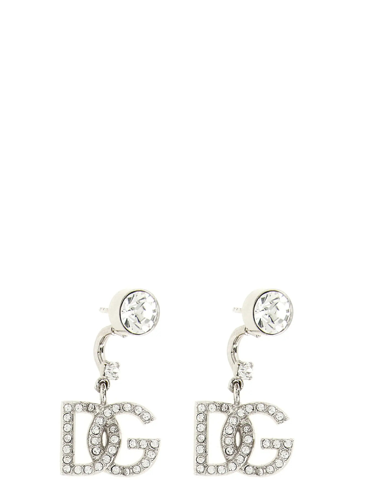 Boucles doreilles dolce gabbana en laiton argenté avec logo d&g orné de cristaux clairs étincelants
